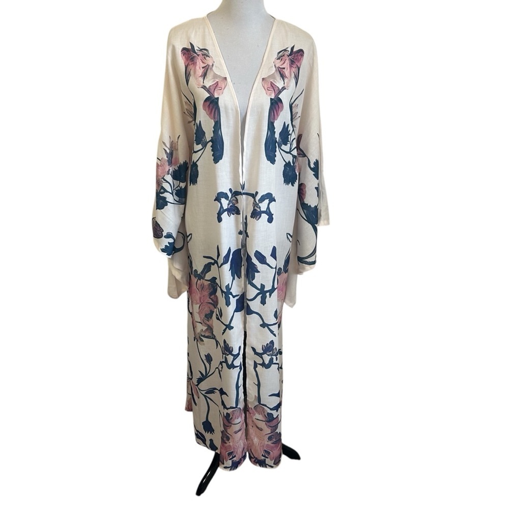 Bonne Journee Womens Floral Kimono Robe Sz 1 Sm/Med? Cream Exaggerated Sleeve